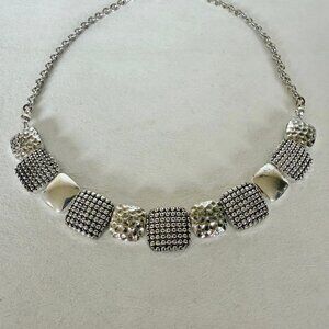 Liz Claiborne Necklace Choker Silver Tone Metal Textured Squares LC Tag Vintage